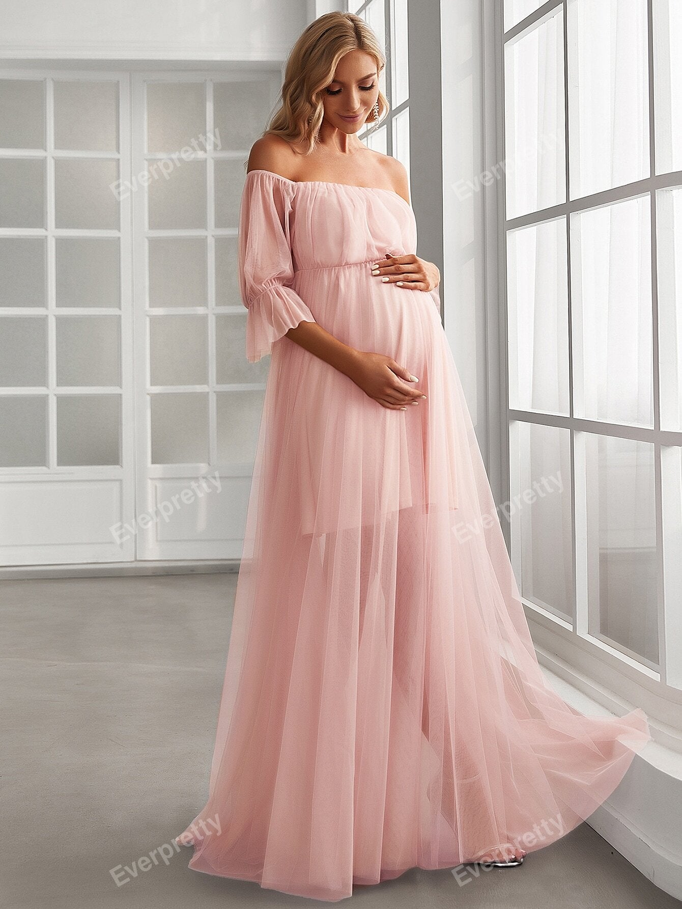 Vestido Elegante de Ombro e Manga,tecido de Malha.
