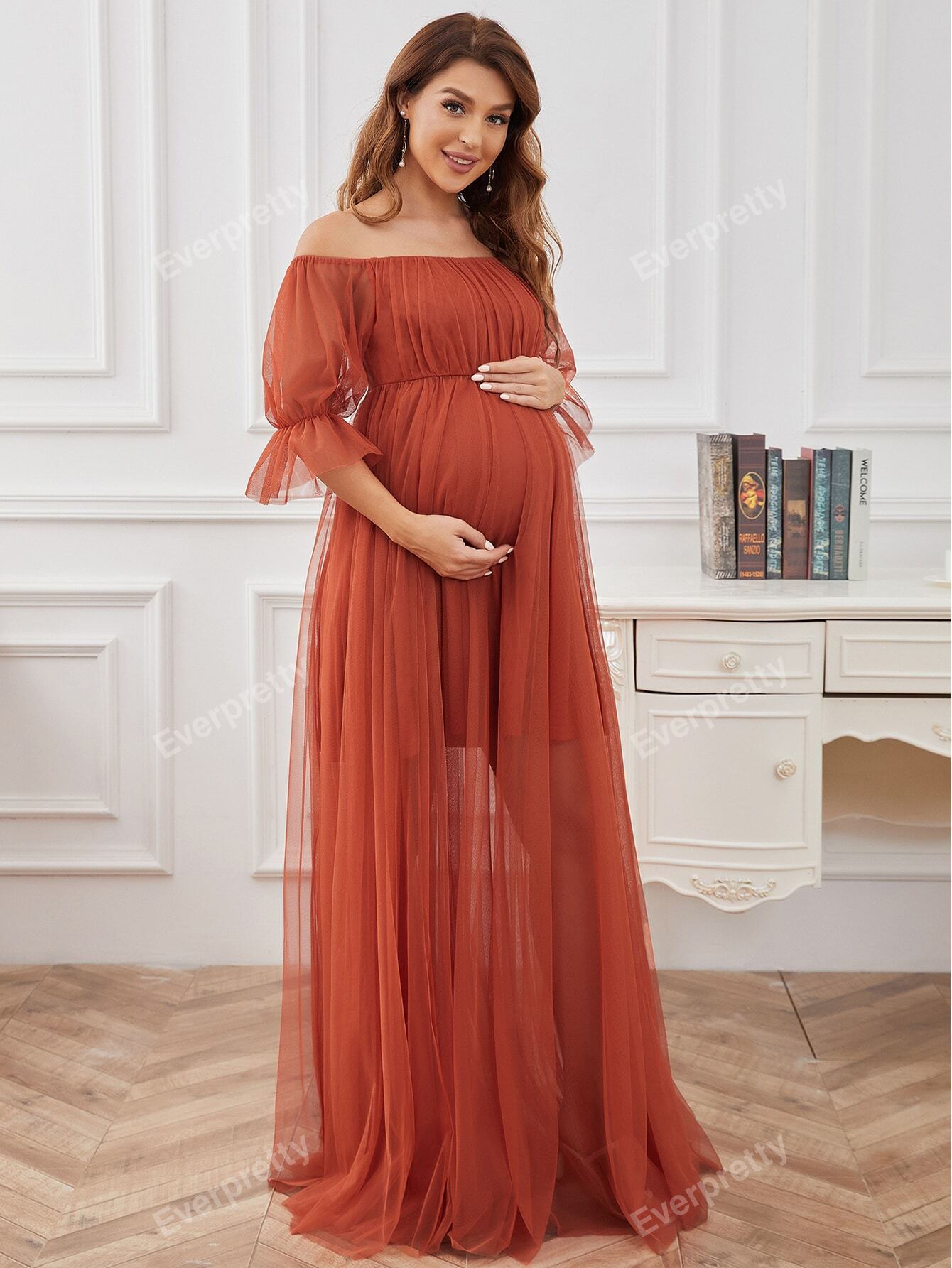 Vestido Elegante de Ombro e Manga,tecido de Malha.