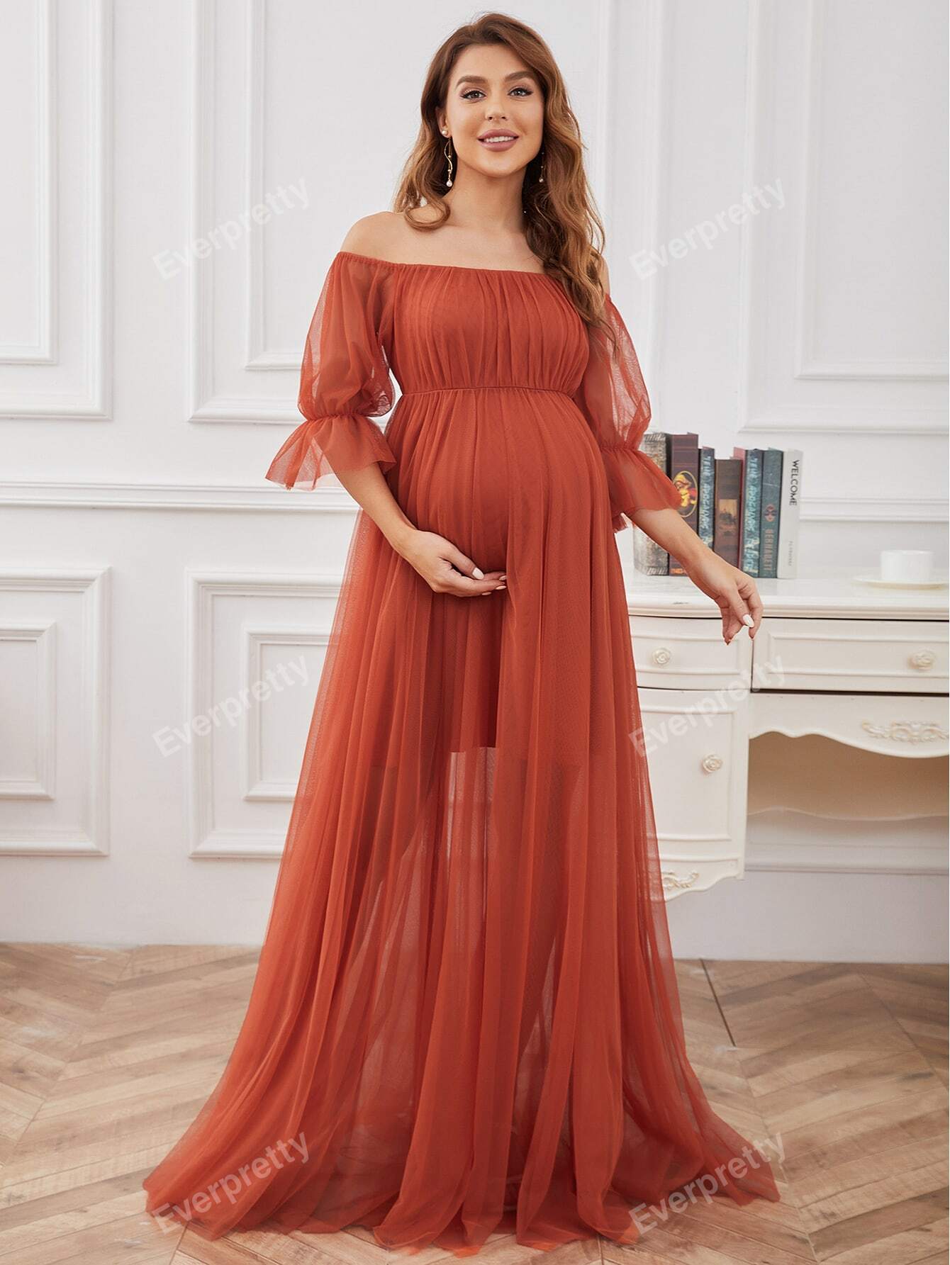 Vestido Elegante de Ombro e Manga,tecido de Malha.