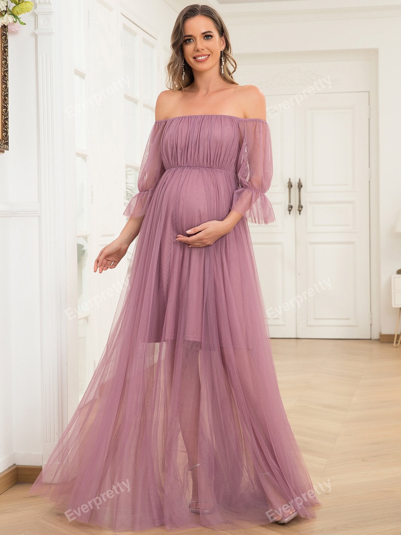 Vestido Elegante de Ombro e Manga,tecido de Malha.