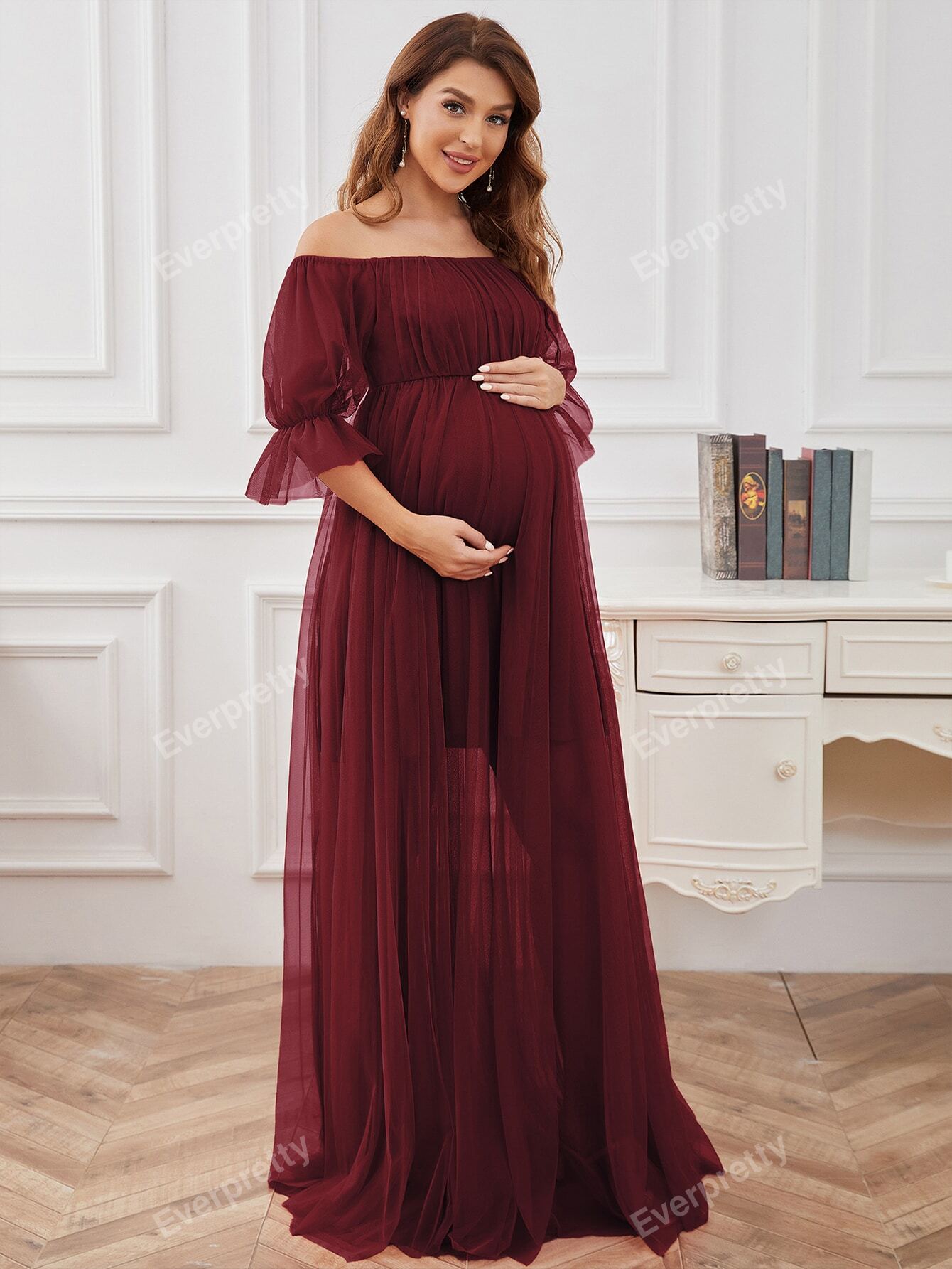 Vestido Elegante de Ombro e Manga,tecido de Malha.