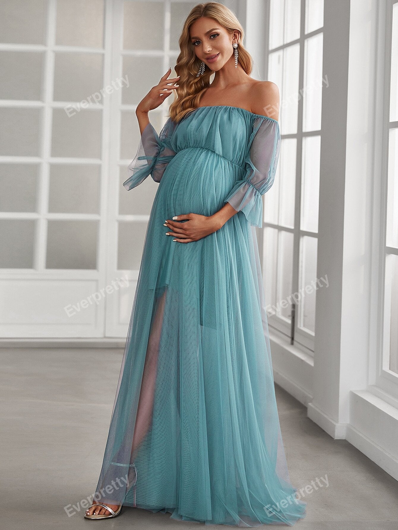 Vestido Elegante de Ombro e Manga,tecido de Malha.