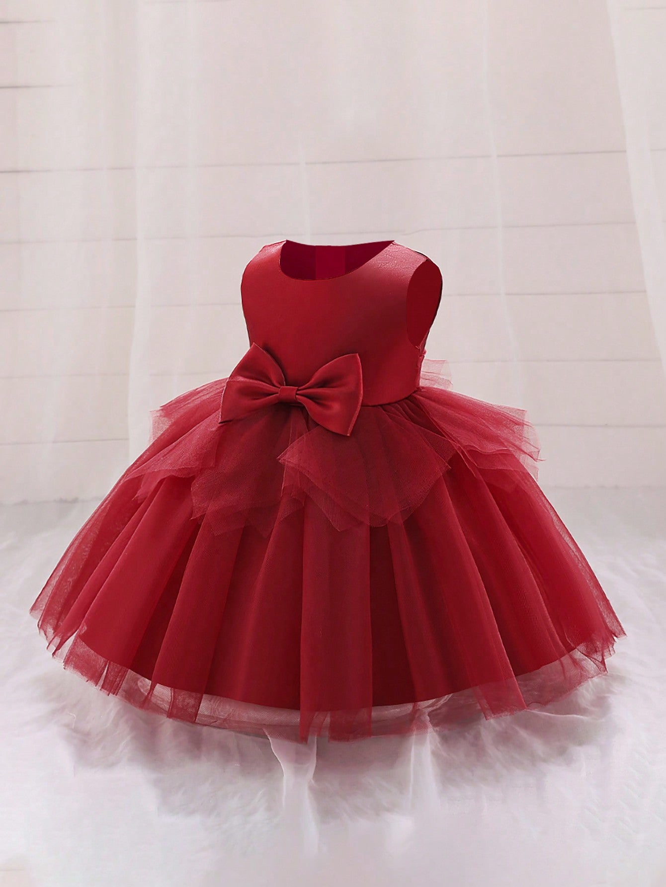 Vestido Formal para Bebê Menina, Tecido de Tule Estilo Doce com Decoração de Laço na Cintura, Adequado para Festa de Aniversário, Elegante e