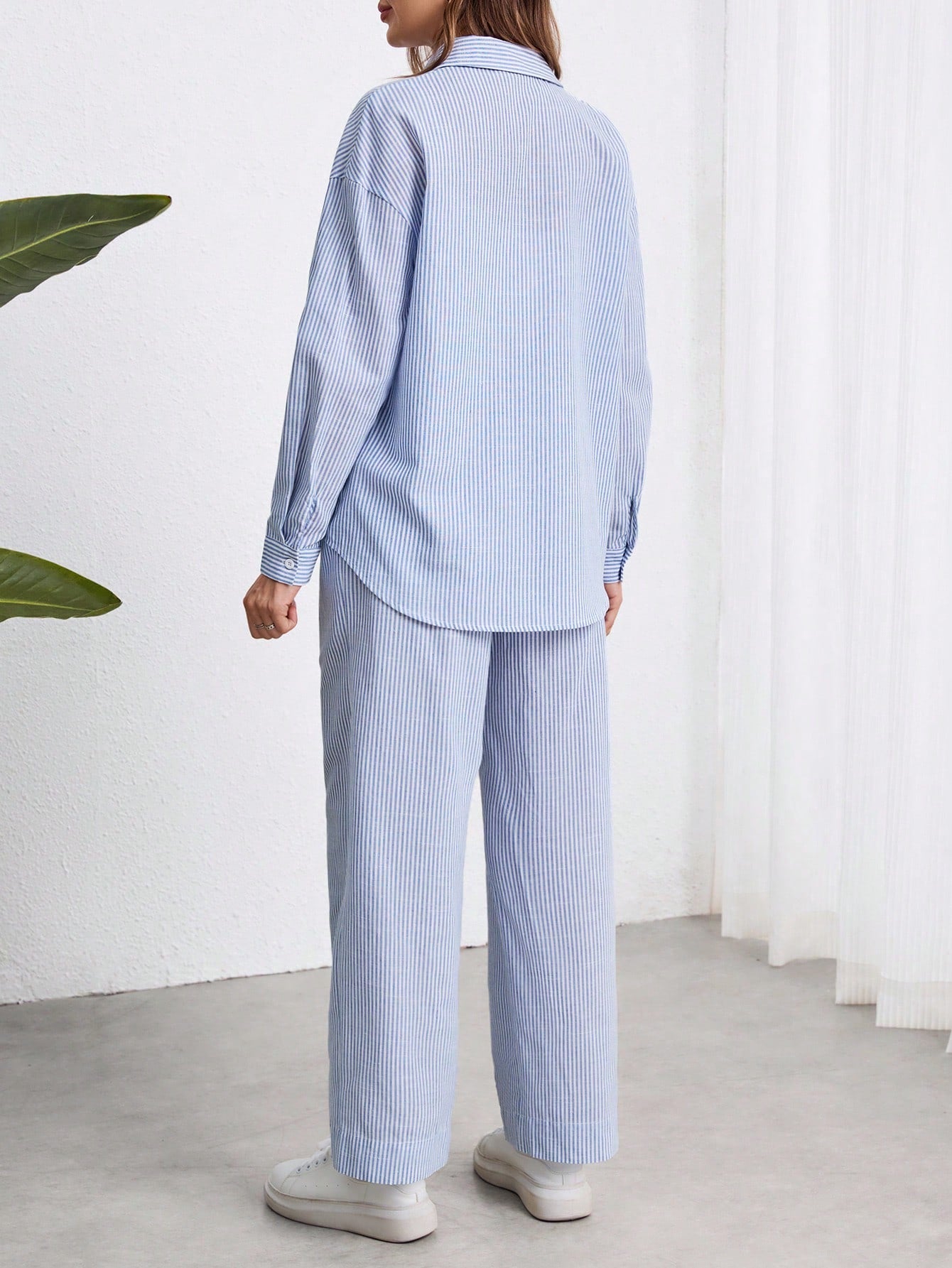 Conjunto de 2 peças de maternidade, camisa de mangas longas com botões e listras, e calça reta de cintura ajustável, soltas, para gestantes, outono
