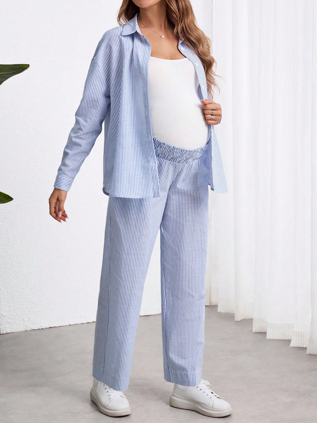 Conjunto de 2 peças de maternidade, camisa de mangas longas com botões e listras, e calça reta de cintura ajustável, soltas, para gestantes, outono