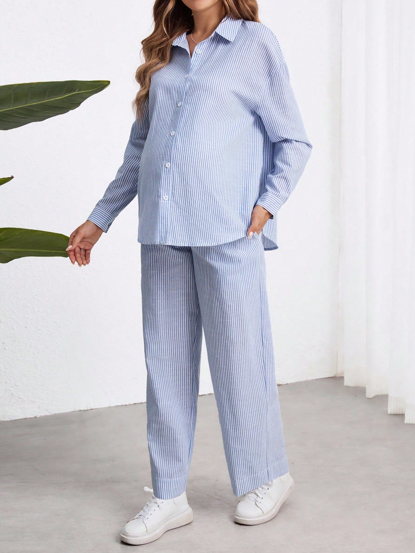 Conjunto de 2 peças de maternidade, camisa de mangas longas com botões e listras, e calça reta de cintura ajustável, soltas, para gestantes, outono