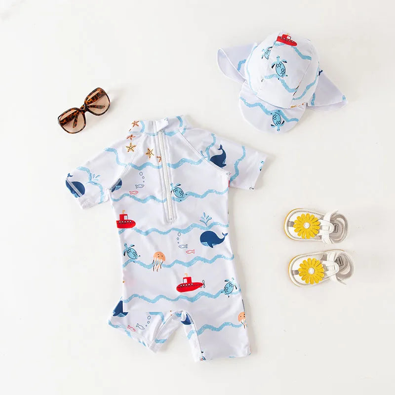 2024 baby boys girls swimwear with cap surfing Wear swimming suit infant toddler kids children Sunscreen beach bathing Suit