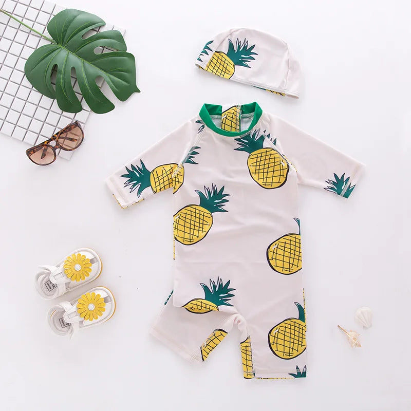 2024 baby boys girls swimwear with cap surfing Wear swimming suit infant toddler kids children Sunscreen beach bathing Suit