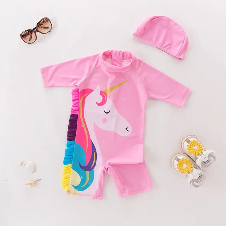 2024 baby boys girls swimwear with cap surfing Wear swimming suit infant toddler kids children Sunscreen beach bathing Suit