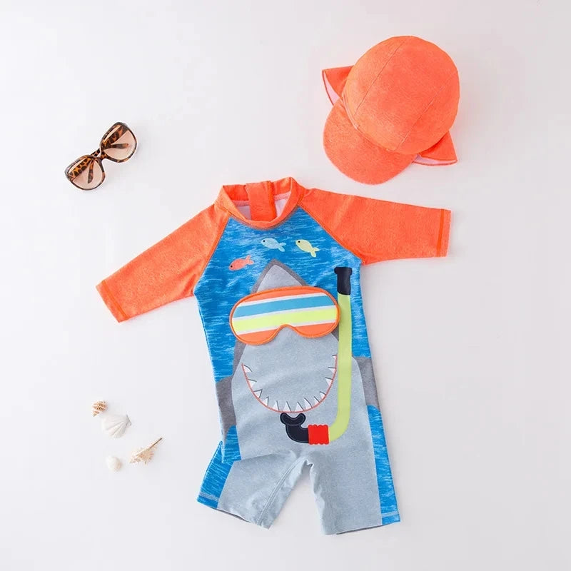 2024 baby boys girls swimwear with cap surfing Wear swimming suit infant toddler kids children Sunscreen beach bathing Suit
