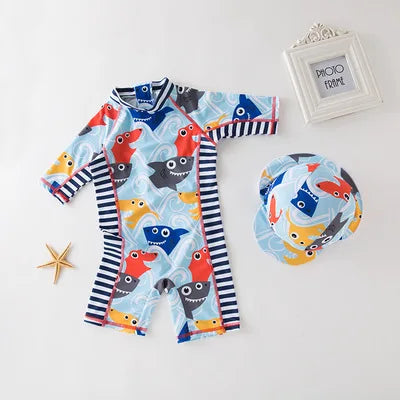2024 baby boys girls swimwear with cap surfing Wear swimming suit infant toddler kids children Sunscreen beach bathing Suit