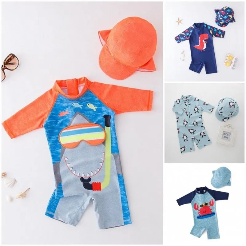 2024 baby boys girls swimwear with cap surfing Wear swimming suit infant toddler kids children Sunscreen beach bathing Suit