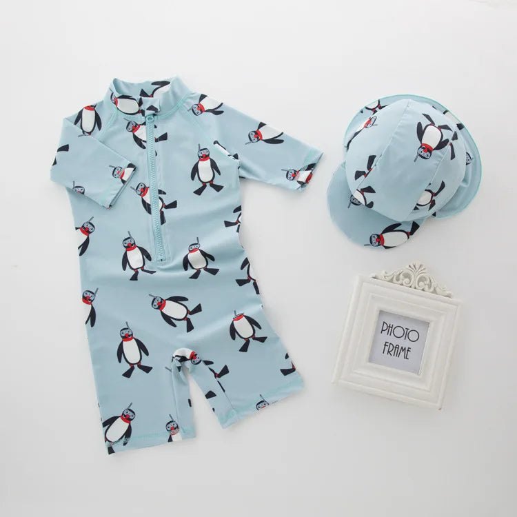 2024 baby boys girls swimwear with cap surfing Wear swimming suit infant toddler kids children Sunscreen beach bathing Suit