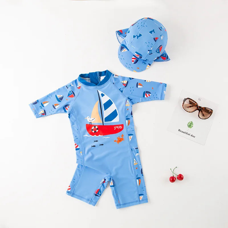 2024 baby boys girls swimwear with cap surfing Wear swimming suit infant toddler kids children Sunscreen beach bathing Suit