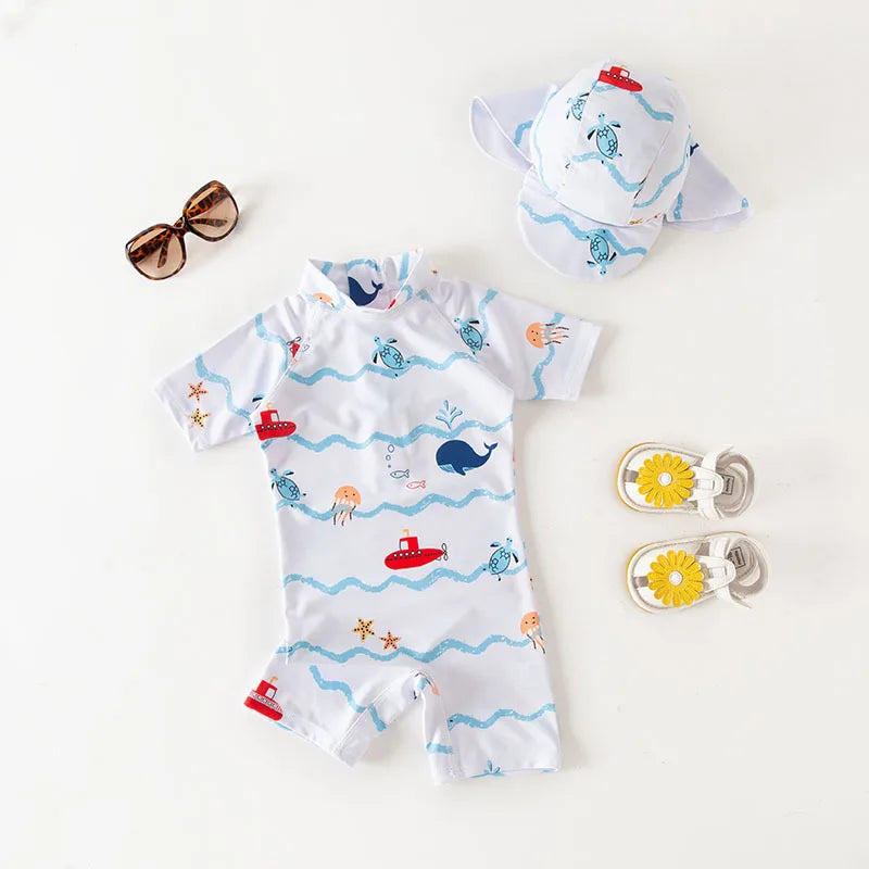 2024 baby boys girls swimwear with cap surfing Wear swimming suit infant toddler kids children Sunscreen beach bathing Suit