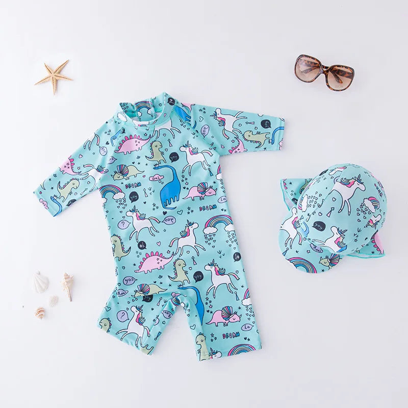 2024 baby boys girls swimwear with cap surfing Wear swimming suit infant toddler kids children Sunscreen beach bathing Suit