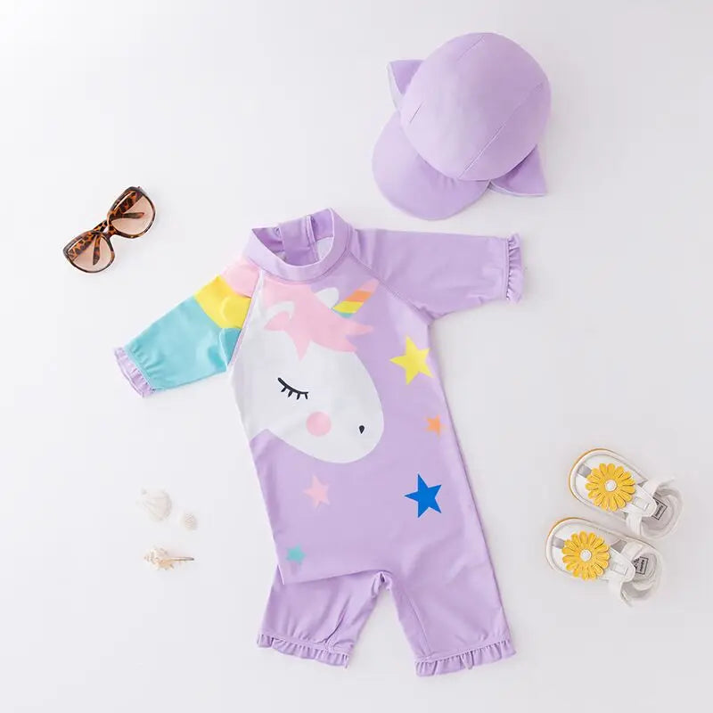 2024 baby boys girls swimwear with cap surfing Wear swimming suit infant toddler kids children Sunscreen beach bathing Suit