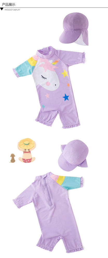 2024 baby boys girls swimwear with cap surfing Wear  swimming suit infant toddler kids children Sunscreen beach bathing Suit