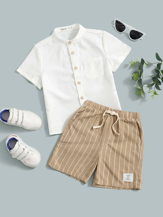 Camisa Com Bolso Remendado Para Menino Jovem E Shorts Com Cintura Com Cordão Listrado Vertical