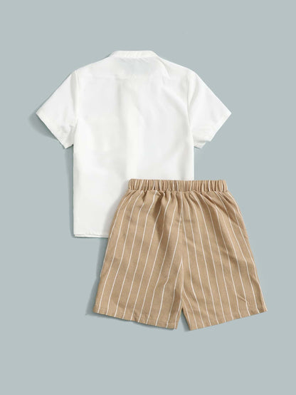 Camisa Com Bolso Remendado Para Menino Jovem E Shorts Com Cintura Com Cordão Listrado Vertical
