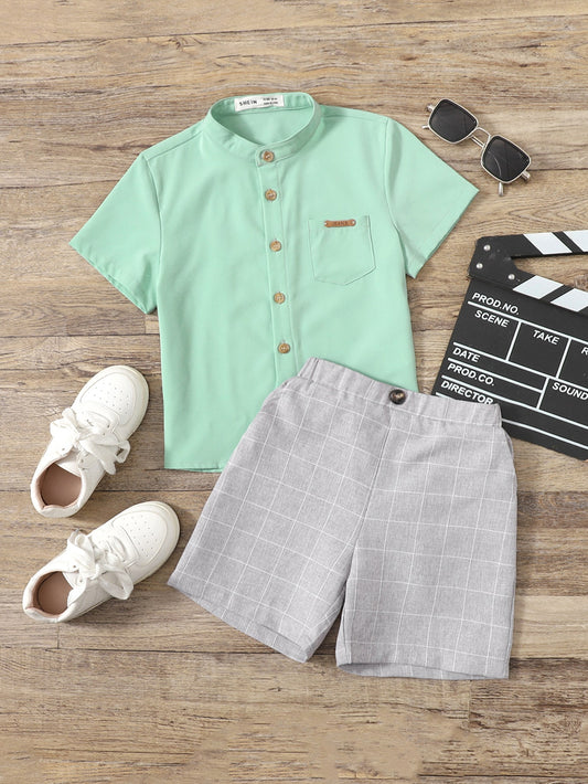 Camisa Com Detalhe De Remendo E Shorts Com Estampa Xadrez Para Menino Jovem