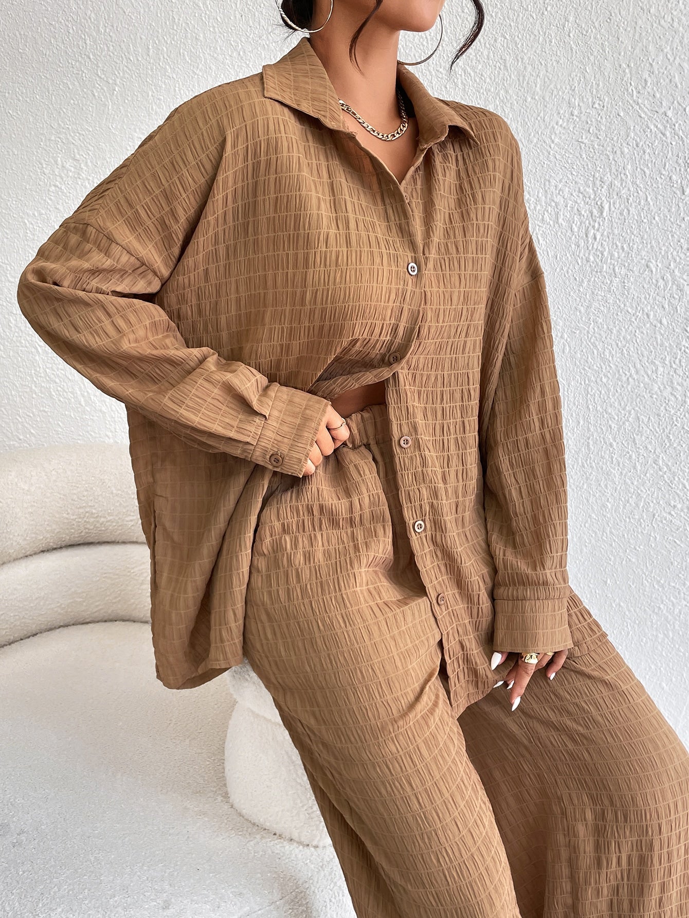 Conjunto Confy Sólido Ombro caído Camisa