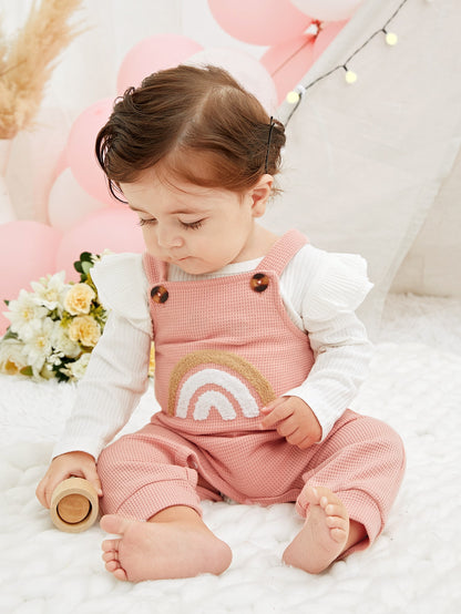 Blusa Com Babado Para Bebê Menina & Jardineira Com Estampa De Arco-íris