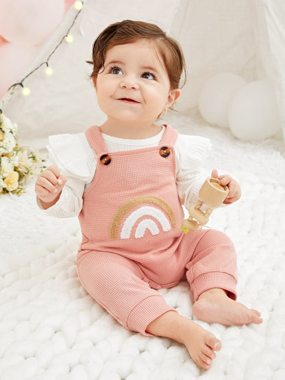Blusa Com Babado Para Bebê Menina & Jardineira Com Estampa De Arco-íris