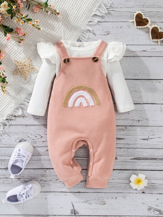 Blusa Com Babado Para Bebê Menina & Jardineira Com Estampa De Arco-íris