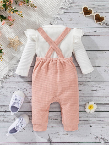 Blusa Com Babado Para Bebê Menina & Jardineira Com Estampa De Arco-íris