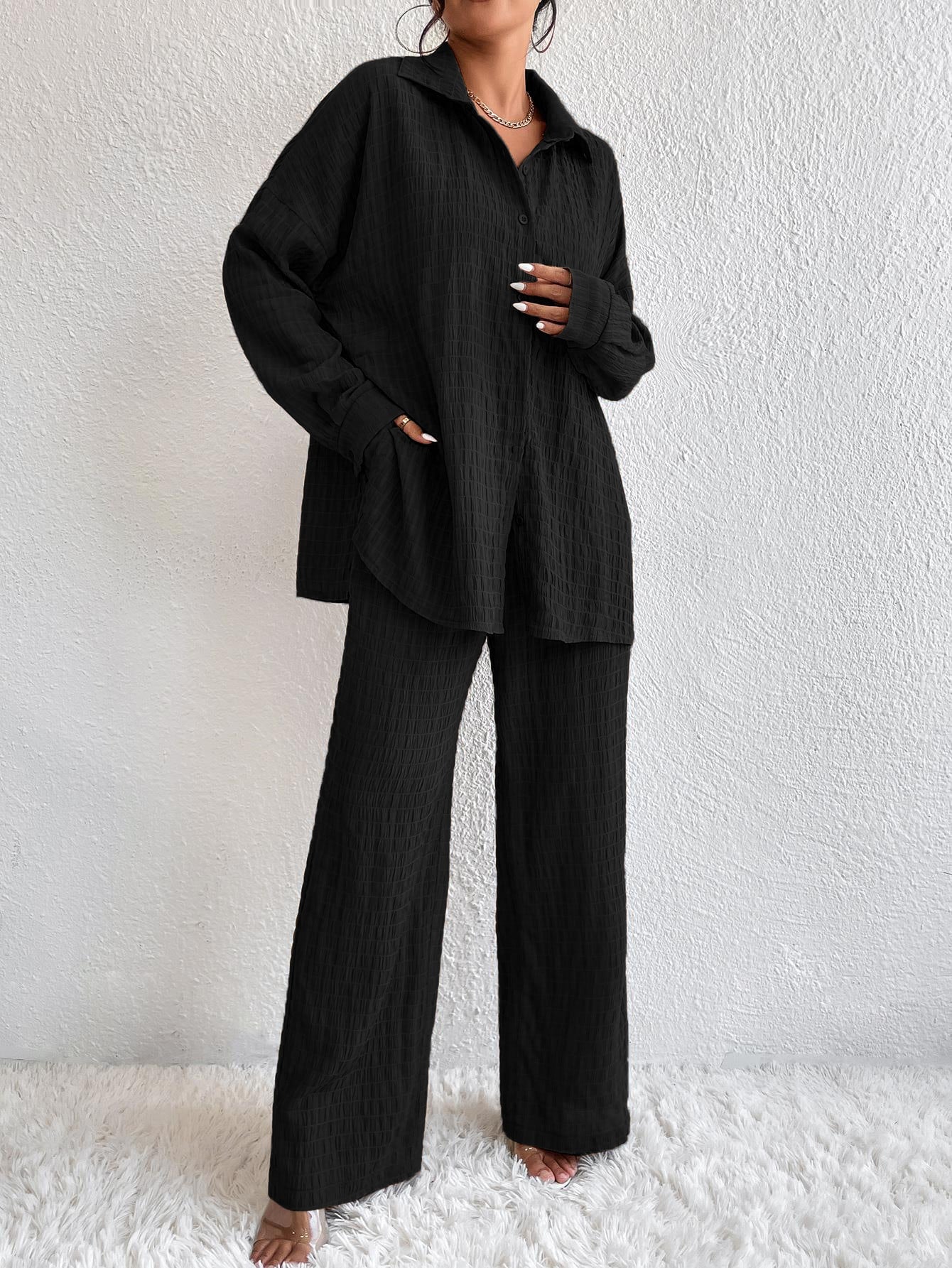 Conjunto Confy Sólido Ombro caído Camisa