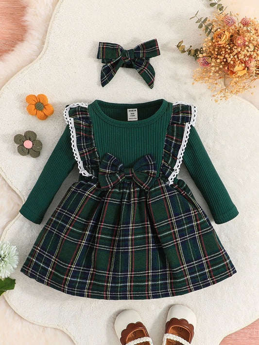 Vestido xadrez com laço e babados para bebê menina com faixa para a cabeça para o Natal
