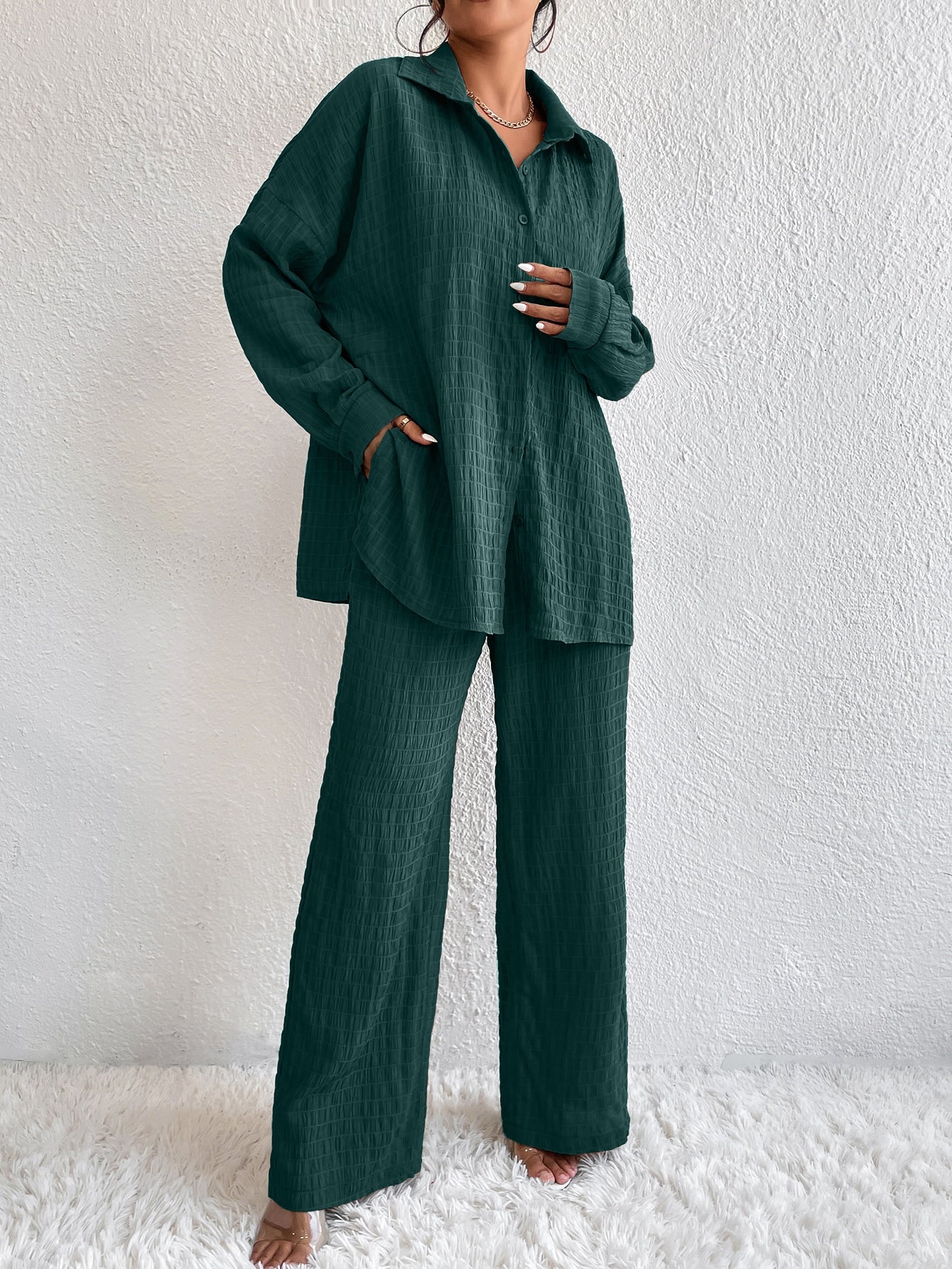 Conjunto Confy Sólido Ombro caído Camisa