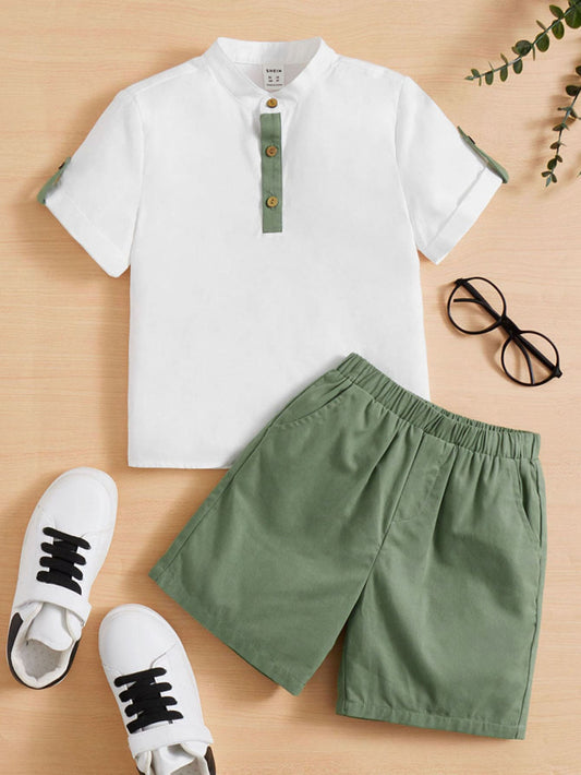 Blusa De Meio Botão De Manga Com Aba Dobrável Para Meninos Jovens