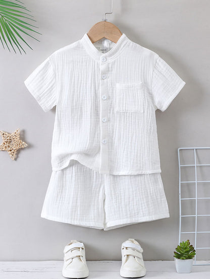 Conjunto Menino Branco Monocromático Férias Minimalista Ocasional Set Com Suporte Gola E Manga Regular Para Verão