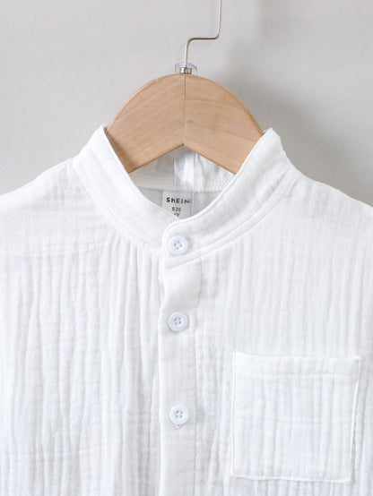 Conjunto Menino Branco Monocromático Férias Minimalista Ocasional Set Com Suporte Gola E Manga Regular Para Verão