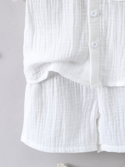 Conjunto Menino Branco Monocromático Férias Minimalista Ocasional Set Com Suporte Gola E Manga Regular Para Verão