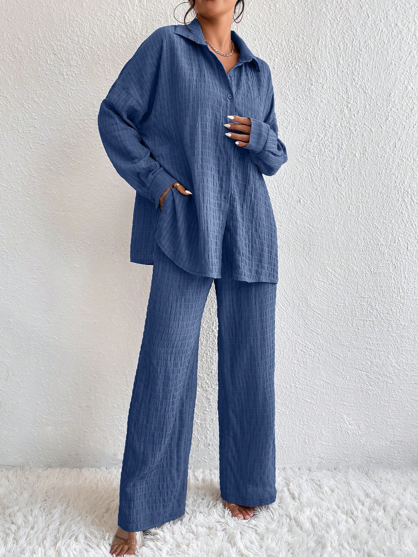 Conjunto Confy Sólido Ombro caído Camisa