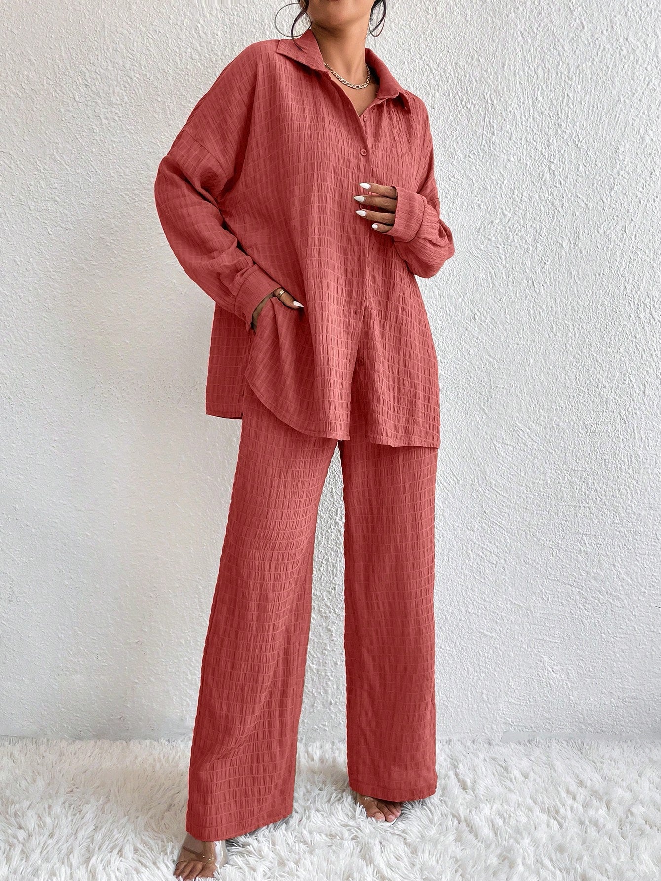 Conjunto Confy Sólido Ombro caído Camisa