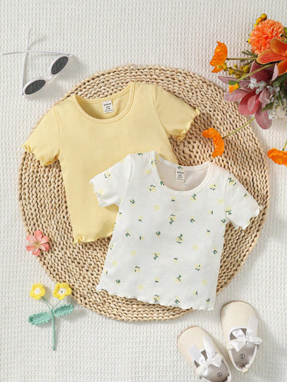 Conjunto Casual de 2 peças para bebê menina: Top Estampado Floral com Bordas Franzidas de Cor Sólida