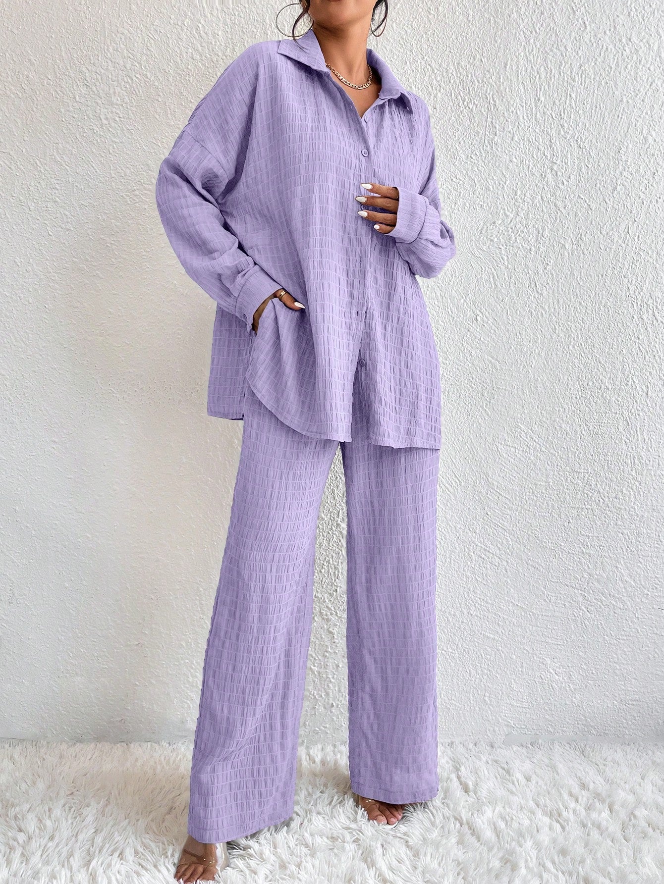 Conjunto Confy Sólido Ombro caído Camisa