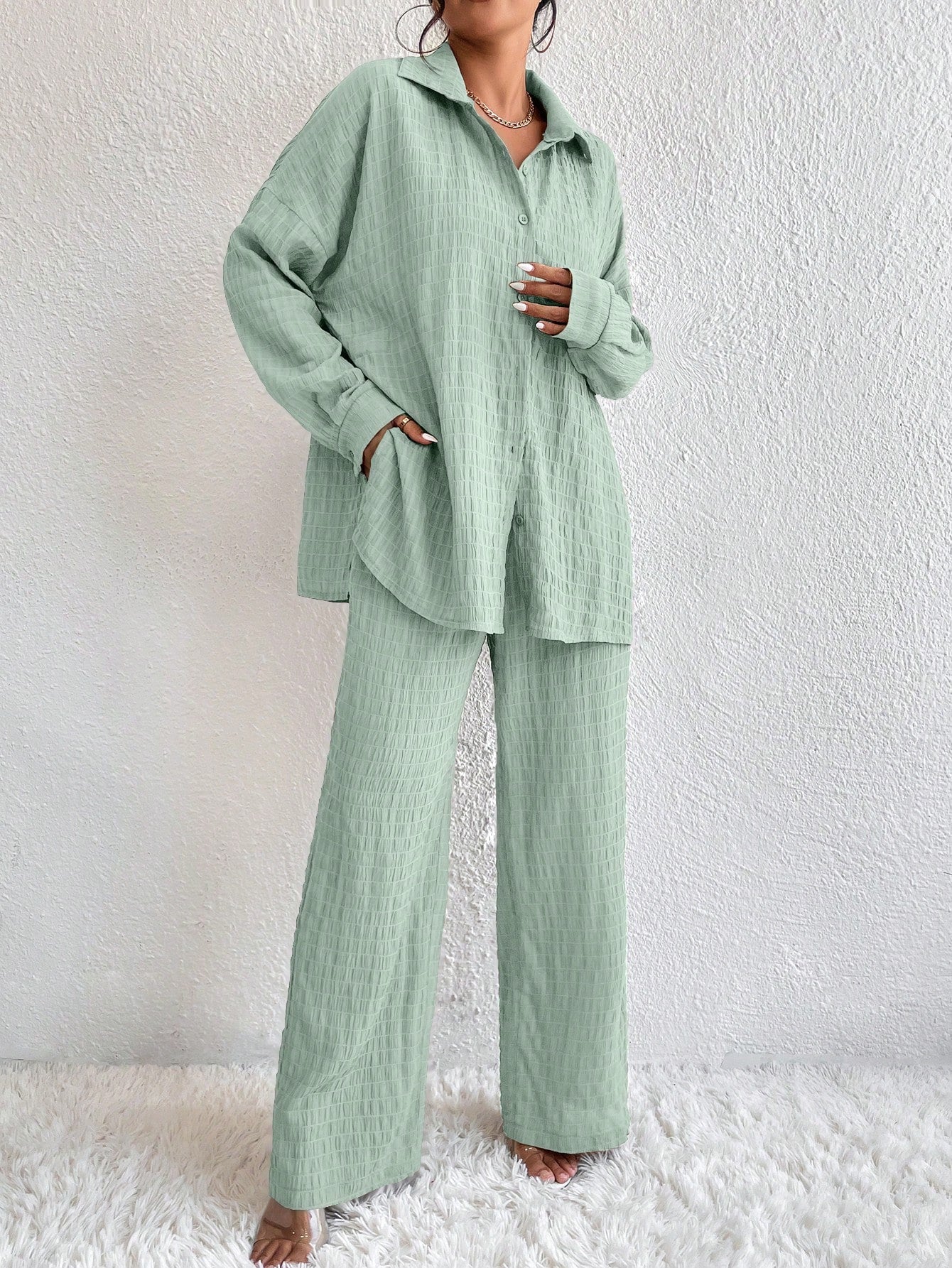 Conjunto Confy Sólido Ombro caído Camisa