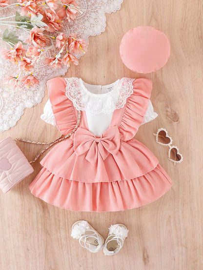 Conjunto De Top De Manga Puff Com Gola De Renda Para Bebê Menina E Vestido Com Bainha De Babados