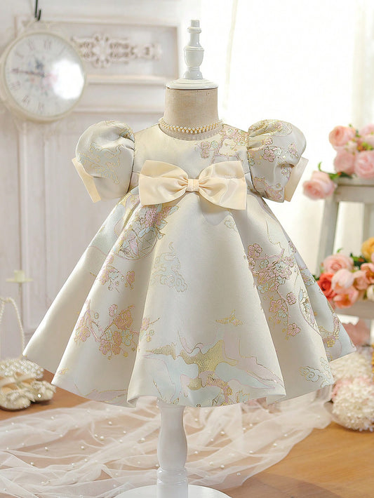 Vestido Kids Bebezinha Impressão Floral Frente De Arco Manga Bufante Vestido De Festa
