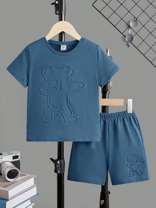 Conjunto Casual De 2 Peças Camiseta E Shorts Com Estampa De Urso Para Menino Jovem, Cor Sólida
