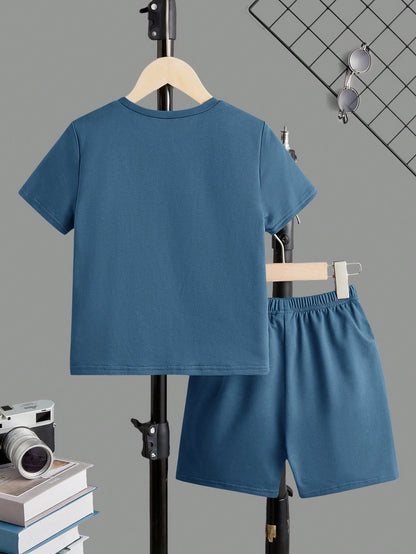Conjunto Casual De 2 Peças Camiseta E Shorts Com Estampa De Urso Para Menino Jovem, Cor Sólida