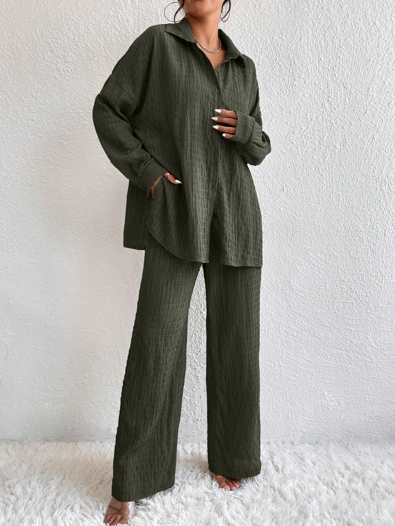 Conjunto Confy Sólido Ombro caído Camisa