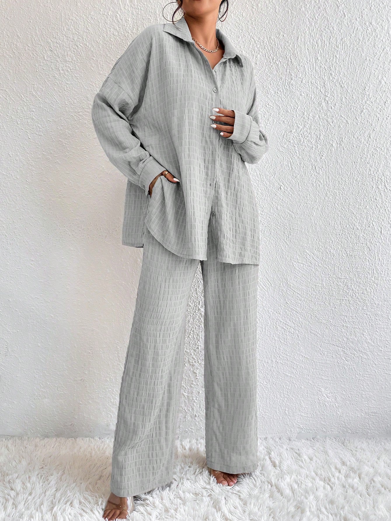 Conjunto Confy Sólido Ombro caído Camisa