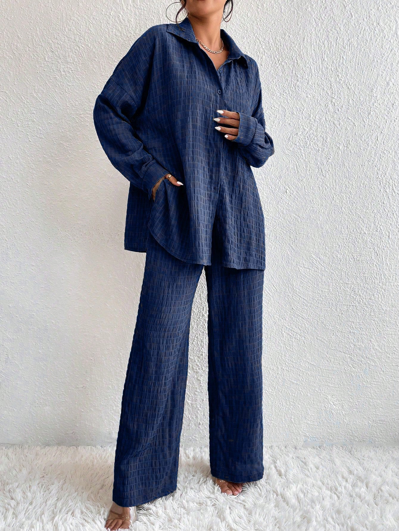Conjunto Confy Sólido Ombro caído Camisa