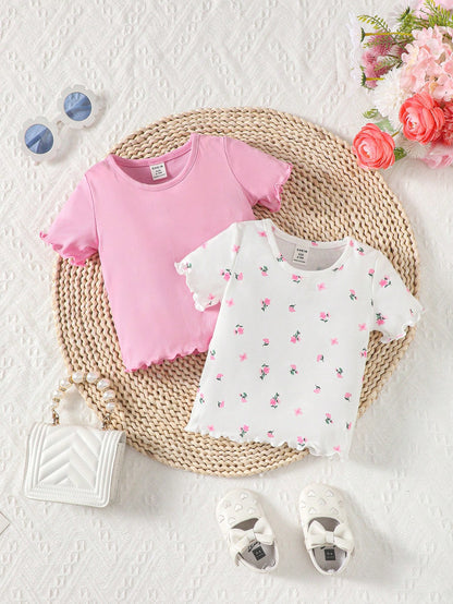 Conjunto Casual de 2 peças para bebê menina: Top Estampado Floral com Bordas Franzidas de Cor Sólida